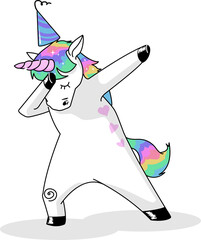 Flat design unicorn is dabbing on transparent background wearing striped party hat with oval shadow