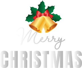 transparent background graphic showing golden bells, red bow, holly above silver Merry CHRISTMAS