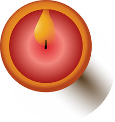 Flat candle is sitting on white platform, showing red wax, flame, shadow on transparent background