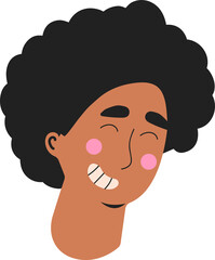 Smiling cartoon head is floating in flat design, with dark curly hair and transparent background