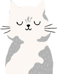 Cartoon cat is sitting with grey patches, closed eyes in flat design on transparent background