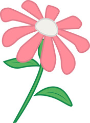 Pink daisy is showing flat design with white center, green stem and leaves, transparent background