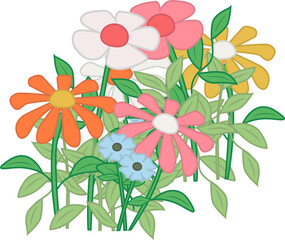 Daisy-like flat flowers are floating on transparent background with green stems and colorful petals