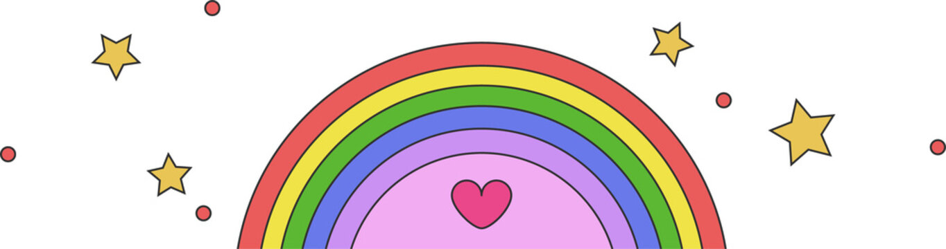 Naklejki Flat design rainbow arch is glowing on transparent background with heart center, stars and circles