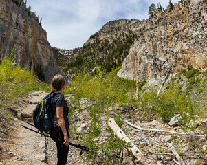 Female Hiker With View of The Echo Cliffs on The Echo Trail, Spring Mountains National Recreation Area, Nevada, USA