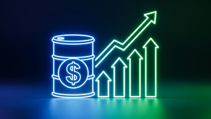 Glowing oil barrel icon with dollar sign beside rising economic graph and upward arrows, blue and green holographic lights on dark background