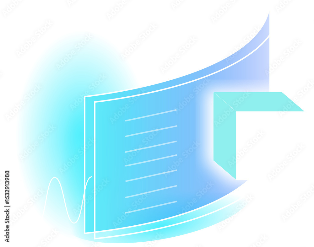 Poster cube is hovering by translucent panel in abstract 3d design with transparent background, copy space
