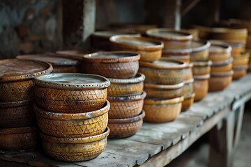 Artisanal terracotta food shields in warehouse high resolution picture