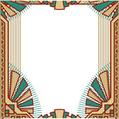 Ornate geometric frame is showing fan motifs in flat Art Deco, transparent background, copy space