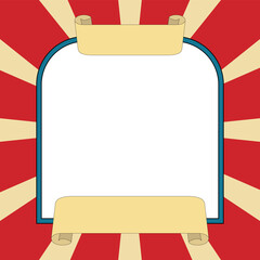 Arched signboard is showing flat design with scrolls, red-yellow rays on transparent background