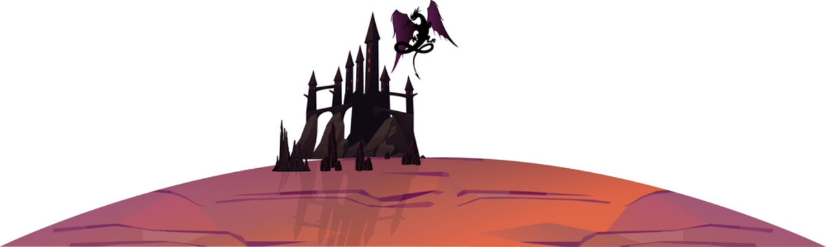 Vector castle silhouette and flying dragon are showing on gradient orb with transparent background