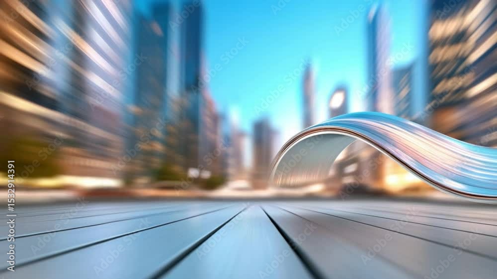 Poster Dynamic Cityscape with Flowing Lines: A modern city skyline is shown with dynamic lines, creating a sense of motion and progress.