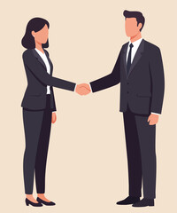 Vector illustration of a businessman and businesswoman shaking hands. This flat design graphic represents partnership and professional agreement. Perfect for business, corporate