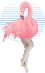 Surreal flamingo-human hybrid is standing in flat illustration, with striped circle, transparent