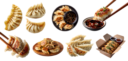 Set of dumplings jiaozi Gyoza Pierogi mandu wonton, chopstick, takeaway box, plate, with sauce, fried steam boil isolated on transparent cutout PNG. Many different Mockup template for design