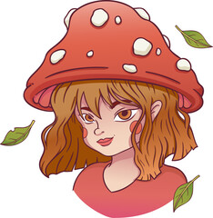 Flat portrait of female bust is wearing red toadstool hat, floating leaves, transparent background