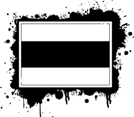 White panel featuring black band, surrounding ink splatter shapes on transparent layer, 2D design