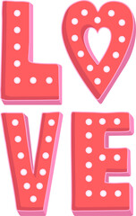 Displaying 3D coral-pink LOVE sign with bulb studs plus heart cutout on transparent background