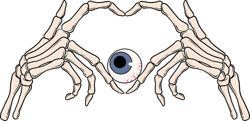 Two skeletal hands are cradling eyeball with blue iris in flat design, transparent background