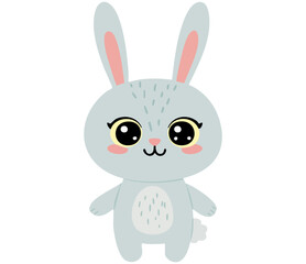 Cute cartoon vector illustration of a happy grey bunny with big eyes. This adorable character design offers a sweet and gentle visual. Perfect for Easter, children's products, or nursery art.