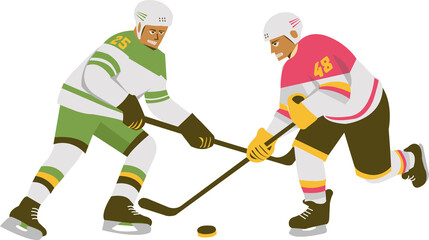 Two ice hockey players are battling for puck control in flat design with transparent background