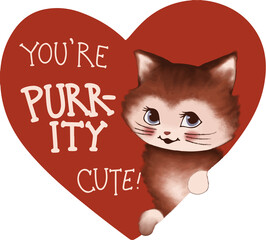 Cartoon kitten is peeking at red heart lettered purrity cute text in watercolor on clear background