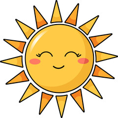 Flat cartoon sun is smiling on transparent background, showing yellow body and orange rays
