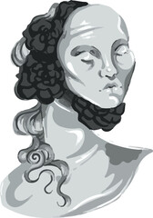 Showing stylized grayscale bust floating on transparent field, featuring blank eyes and curly hair
