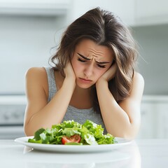 Woman with a Plate of Green Salad in the Kitchen, Depressed Due to Dieting, Representing the Emotional Impact of Strict Diets, Isolated on White Background