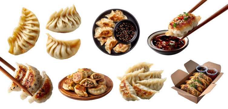 Set of dumplings jiaozi Gyoza Pierogi mandu wonton, chopstick, takeaway box, plate, with sauce, fried steam boil isolated on transparent cutout PNG. Many different Mockup template for design