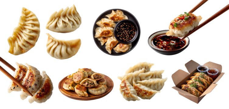 Set of dumplings jiaozi Gyoza Pierogi mandu wonton, chopstick, takeaway box, plate, with sauce, fried steam boil isolated on transparent cutout PNG. Many different Mockup template for design