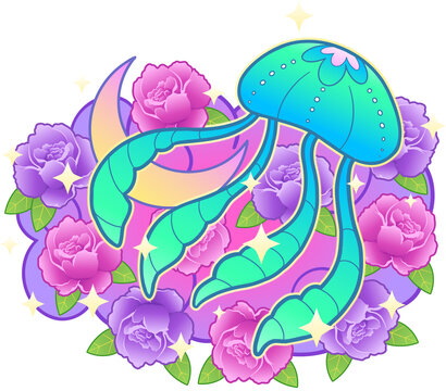 Naklejki Flat design jellyfish is floating over camellia blooms with moon, stars, transparent background