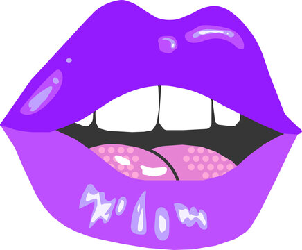 Fototapeta Glossy violet lips are revealing teeth and tongue in bold vector art with transparent background