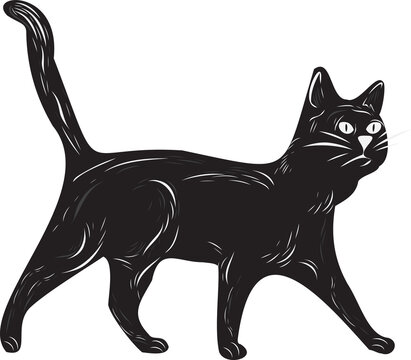 Fototapeta Vector illustration showing black cat walking right with white strokes on transparent canvas