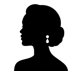 Elegant black silhouette of a woman in profile with her hair in a bun and a teardrop earring. This timeless graphic provides a sophisticated and classic visual. Perfect for beauty or branding themes.