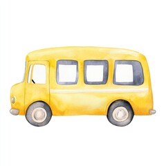 Watercolor illustration of a cheerful, bright yellow, cartoon-like school bus, side view