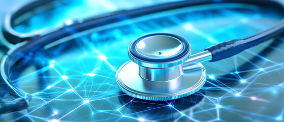 A close-up of a stethoscope on a digital background, symbolizing the intersection of healthcare and technology.