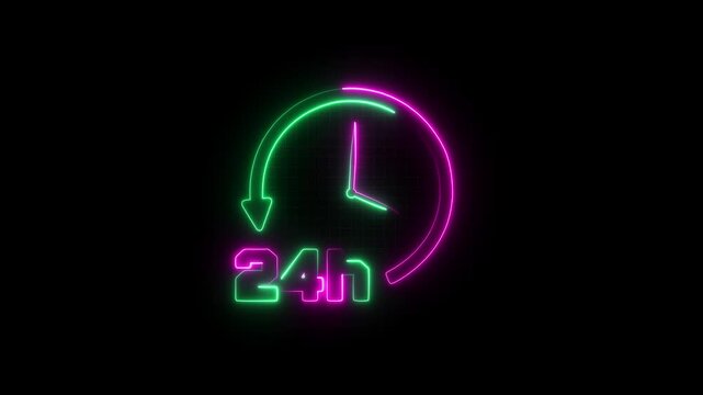 Bright Neon 24-Hour Clock Timer Icon on Black Background, Isolated with Alpha Channel, HUD Style Stopwatch Animation, 4K Circular Countdown