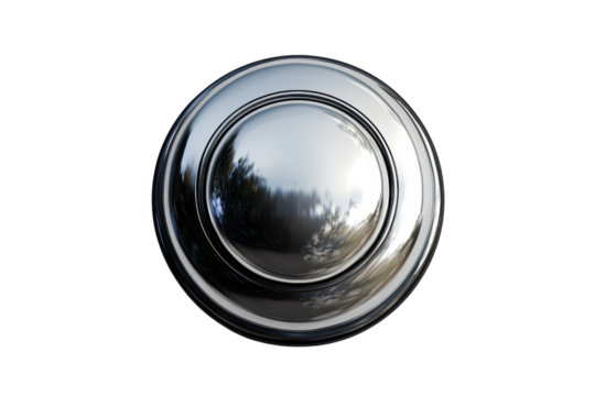 A sleek chrome dome reflecting a blurred cityscape hinting at modern innovation and urban on transparent background