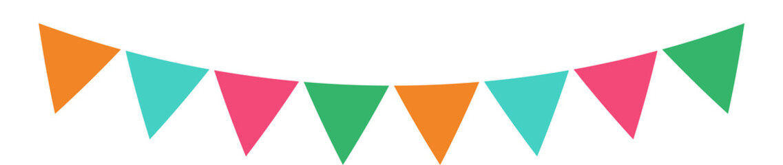 Flat design triangular pennant flags are curving on rope, alternating colors on clear background