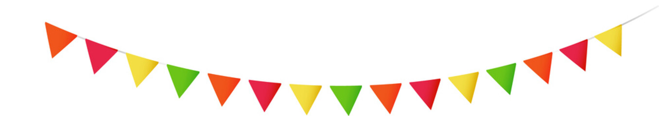 Festive bunting is hanging with bright triangular flags on rope, flat vector transparent background