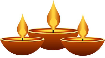 Clay diyas are glowing, flickering in flat design with layered flames, transparent bg, copy space