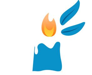 Flat design blue candle is showing dripping wax, flame, leaf shapes, white dots on clear background