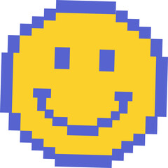 Pixel art smiling face is being shown on transparent background with yellow circle and blue details