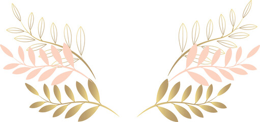 Stylized gold and pink leaf branches are forming laurel pair in flat style on transparent backdrop