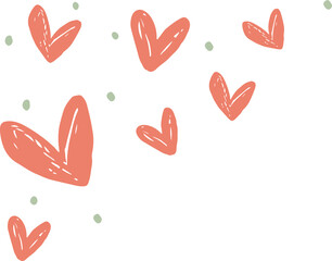 Multiple hand-sketched coral hearts are floating on transparent background with pale green accents