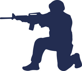Dark blue soldier silhouette kneeling and aiming rifle in flat design with transparent background
