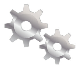 Pair of metallic gears rotating on transparent background, silver gradient, eight teeth and holes