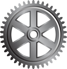 Showing metallic cogwheel spinning in 3D render with six spokes and toothed rim, transparent