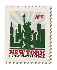 Flat stamp is showing Liberty silhouette over skyline with rays, 15$ mark on transparent background
